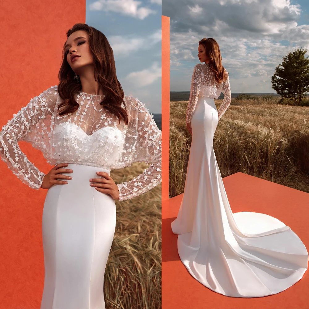 Exquisite Bride Top Shrug Round Neck Long Sleeve Beaded Lace Oversized 3D Flower Wedding Bolero Customized Elegant Cover Up