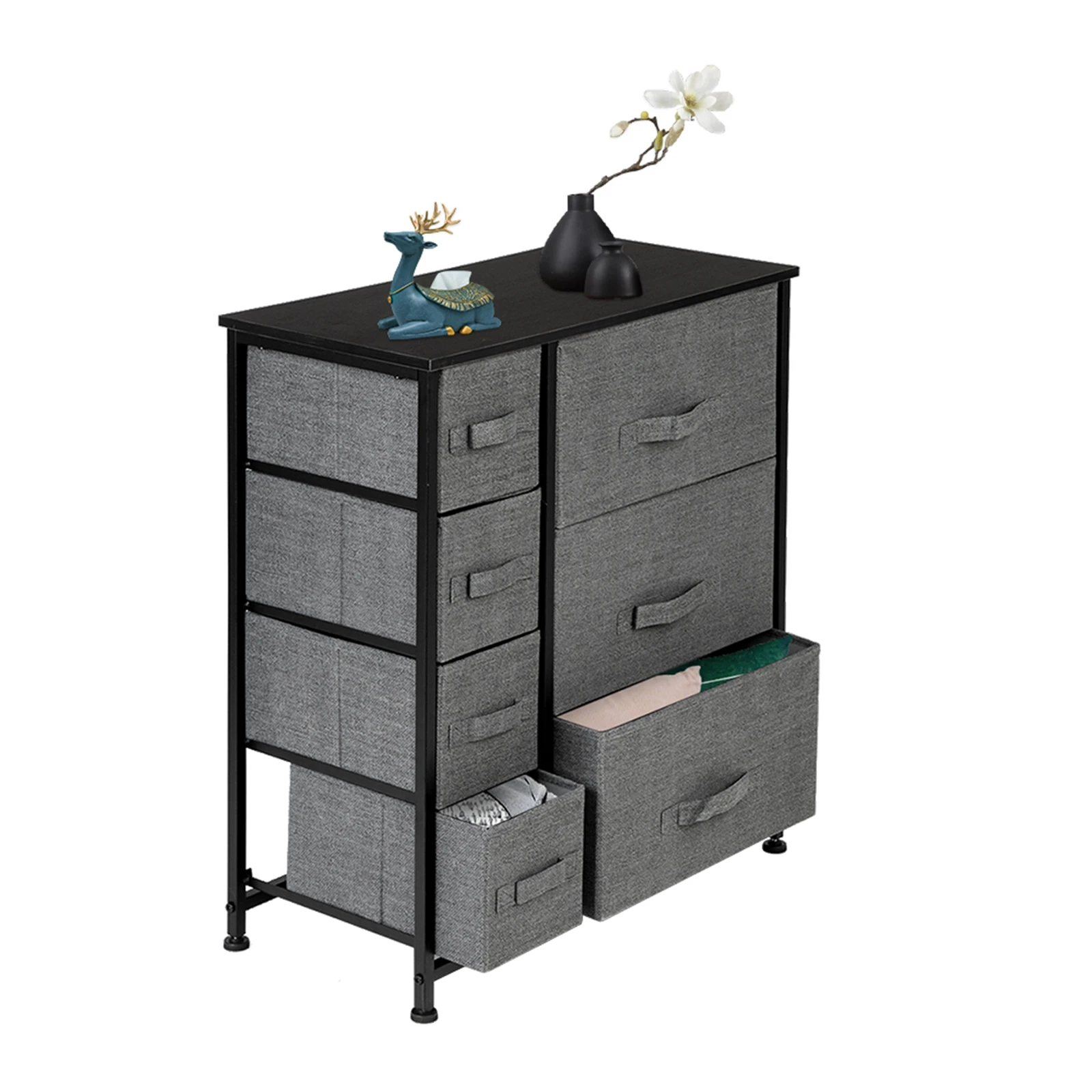 Dresser w/7 Drawers: Steel Frame, Wood Top, Easy Pull Bins. Organizes Bedroom, Hallway, Closet, Office. Grey.