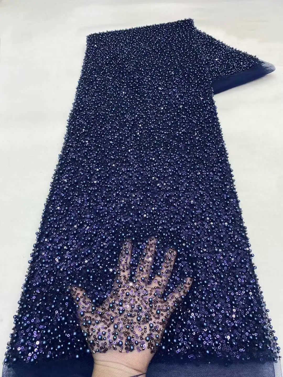 

2025 African Beaded High Quality Nigerian Sequins Lace French Tulle 3D Flowers Lace Fabric For Party Dress Sewing