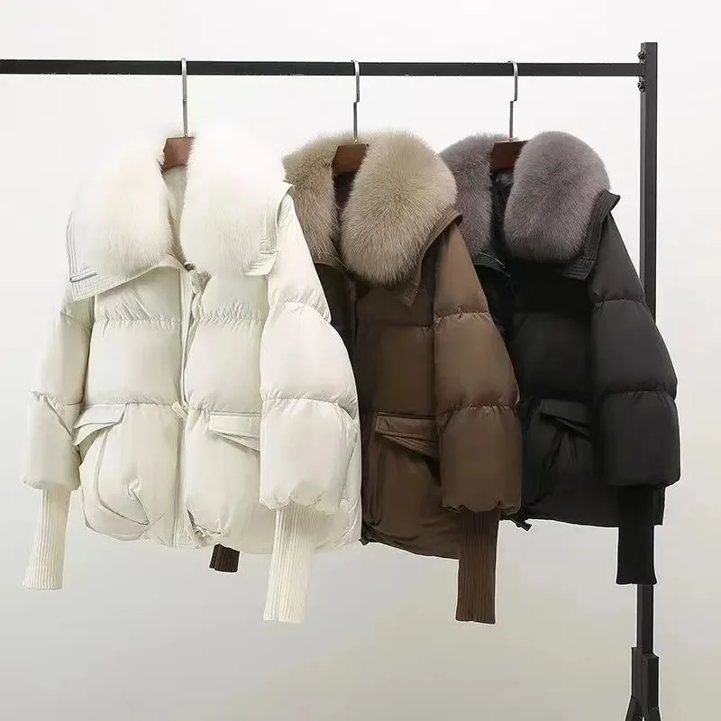 

Winter New Fur Collar Down Cotton Jacket Women Parkas Fashion Pocket Zipper Thick Snow Padded Coat Femmale Loose Outerwear T1578