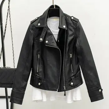 Image Women Cropped Trench Lapel Collar Leather Jackets Coat with Belt Female Single Button Short Jacket Motorcycle Jacket Outwear