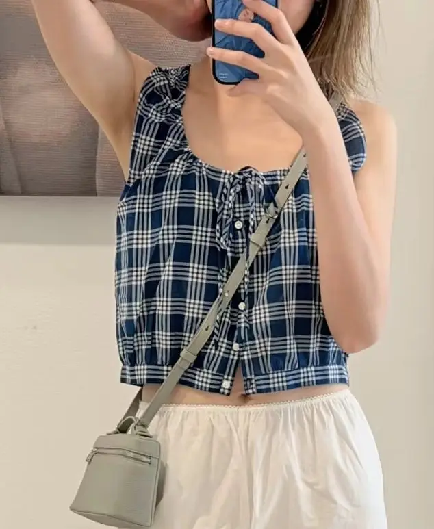 2026 Women Blue Plaid Casual Vest Lace-up U-Neck Sleeveless Single Breasted Loose Tank Top ﻿