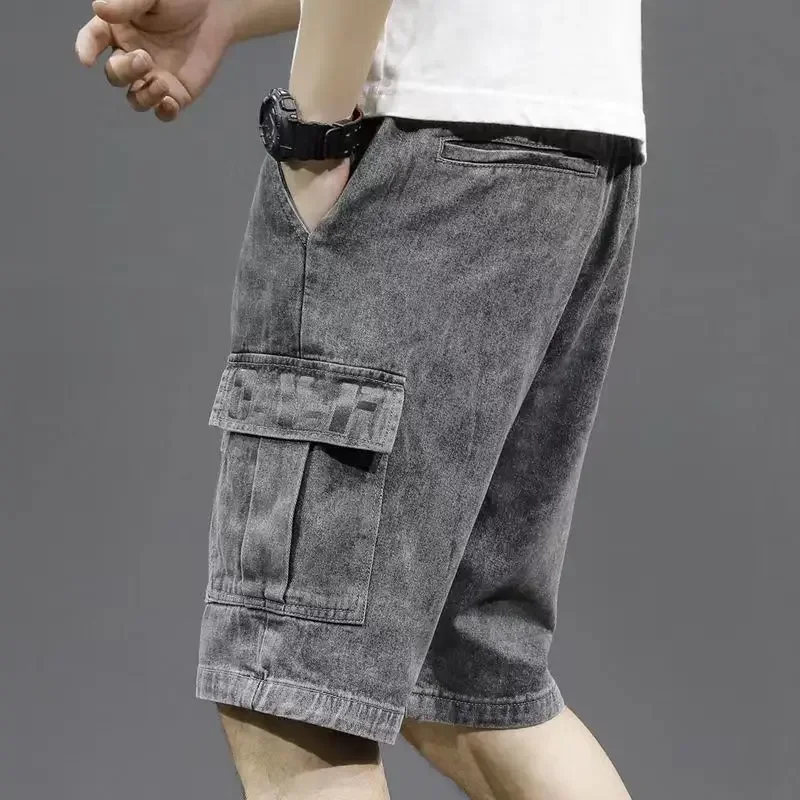 Male Denim Shorts Straight Baggy with Text Loose Men\'s Short Jeans Pants Wide Trend 2024 Summer Xxxl Sale Thin Cut Buttons Blue