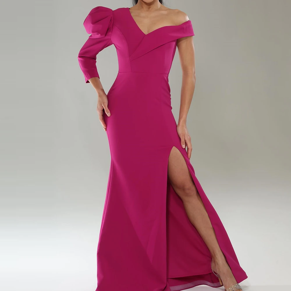 Customized Sexy Jersey A-Line Side Slit Off the Shoulder Evening Dress High Quality Floor Length Long Sleeves Custom Made