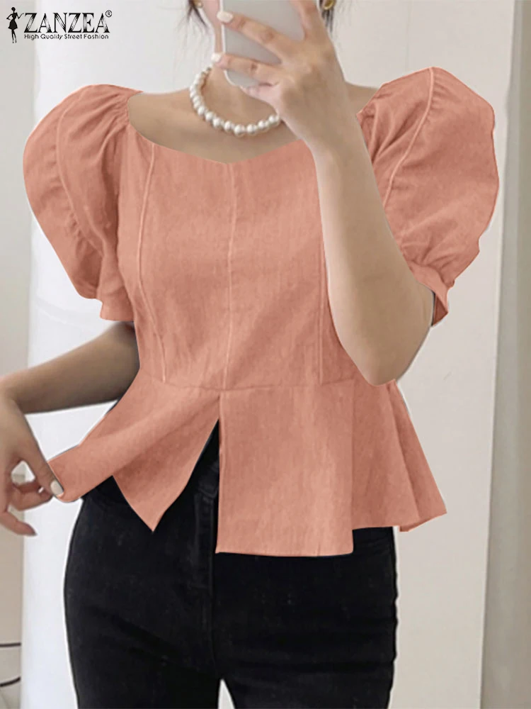 

ZANZEA Women Denim Tops Summer Blouse 2025 Short Sleeve Fashion Solid Color Square Collar Puff Sleeve Blusas Elegant Tunic Tee