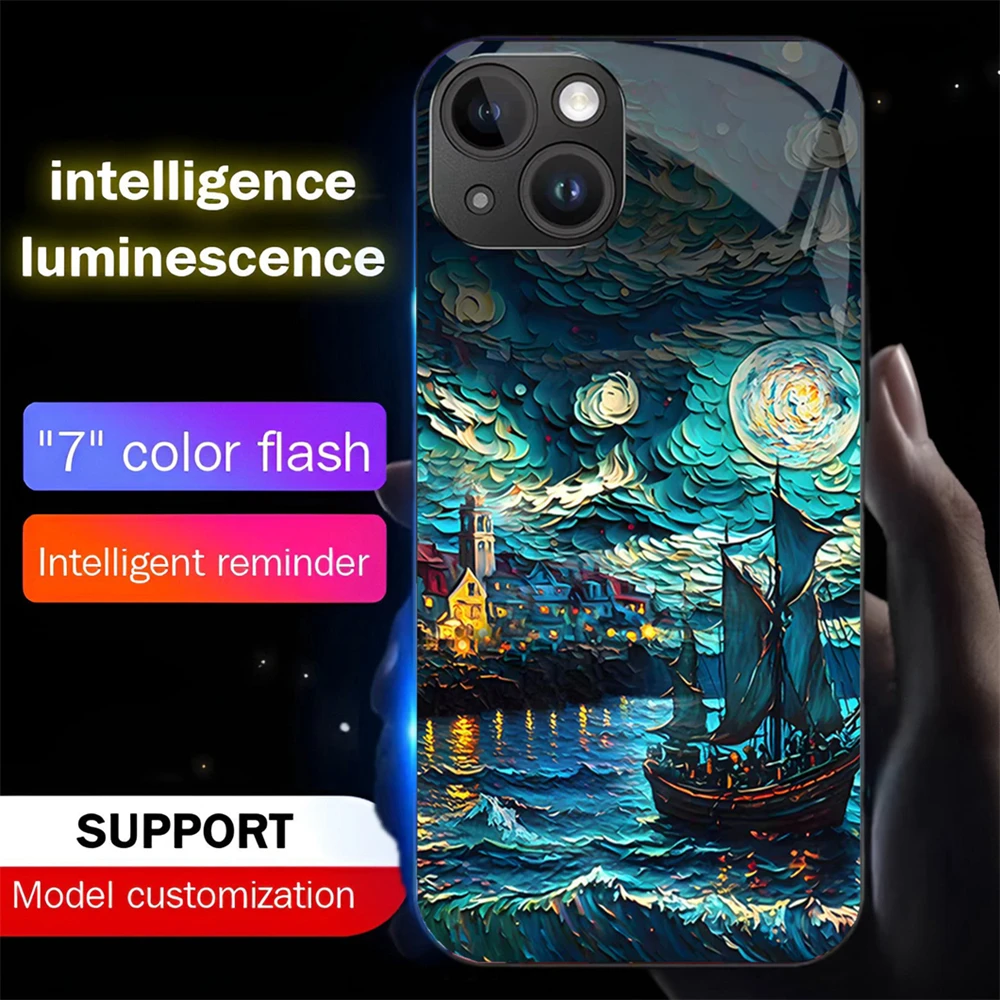 

Oil Painting Art Design LED Calling Light Flash Phone Case Glitter Cover For iPhone Air 17 16 E 15 14 13 12 11 Pro Max Plus
