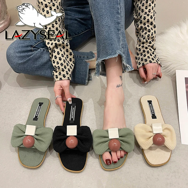 LazySeal  Corduroy Flat Heel Slippers Butterfly Knot Sweet Indoor Slipper Square Toe Summer Flip Flops Size 43 Women Mules Slide