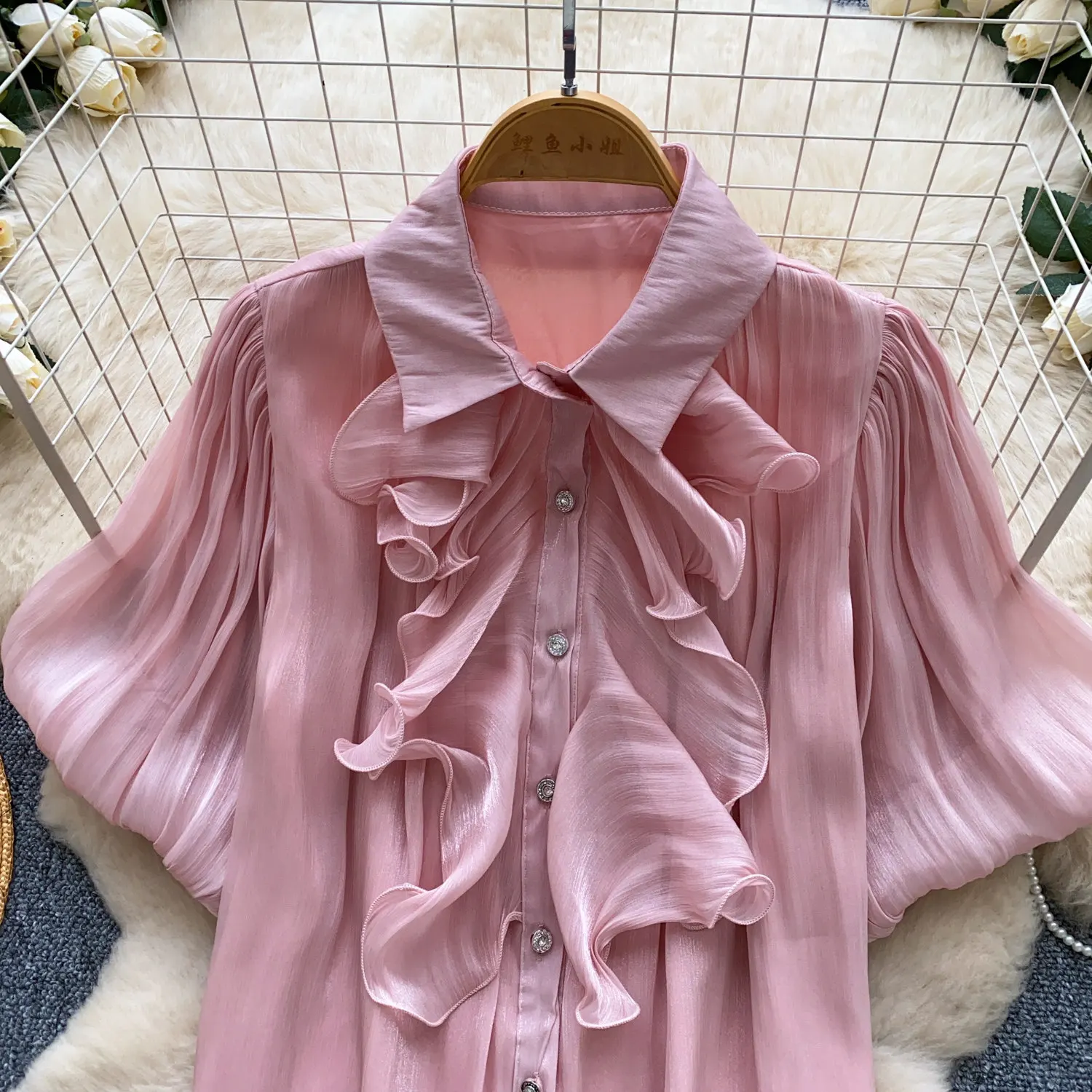 French Royal Style Blouse for Women Summer Satin Silk Short Sleeve Lantern Sleeve Ruffle Shirt Elegant Office Wear Female BL436 view 3