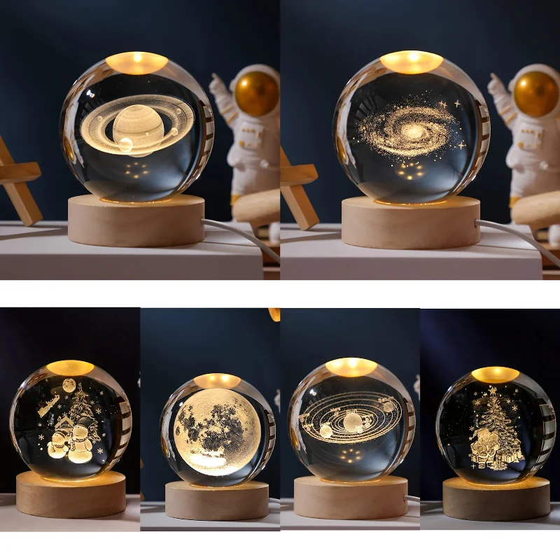 3D Crystal Ball LED Night Lights Moon Saturn Laser Engraved Solar System Globe for Bedroom Table Lamp Children Christmas GiftS