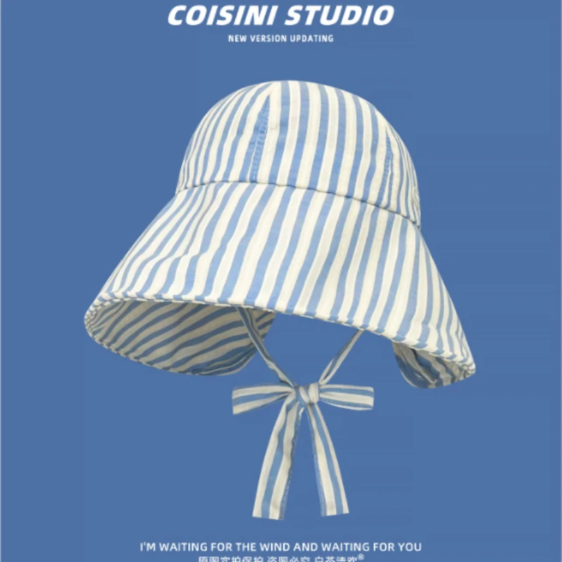 Korean Version Back Slit Retro Striped Big Brim Sun Hats for Women Summer Travel Sunscreen Versatile Fashion Strap Bucket Hat