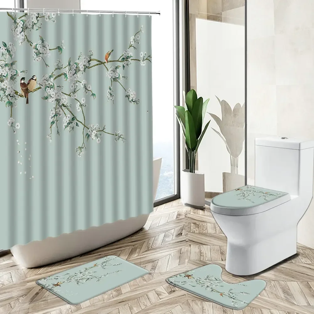 Chinese Shower Curtain Sets Lotus Flower Plant Bamboo Bird Ink Art Home Bathroom Decor Non-Slip Carpet Toilet Cover Floor Mat