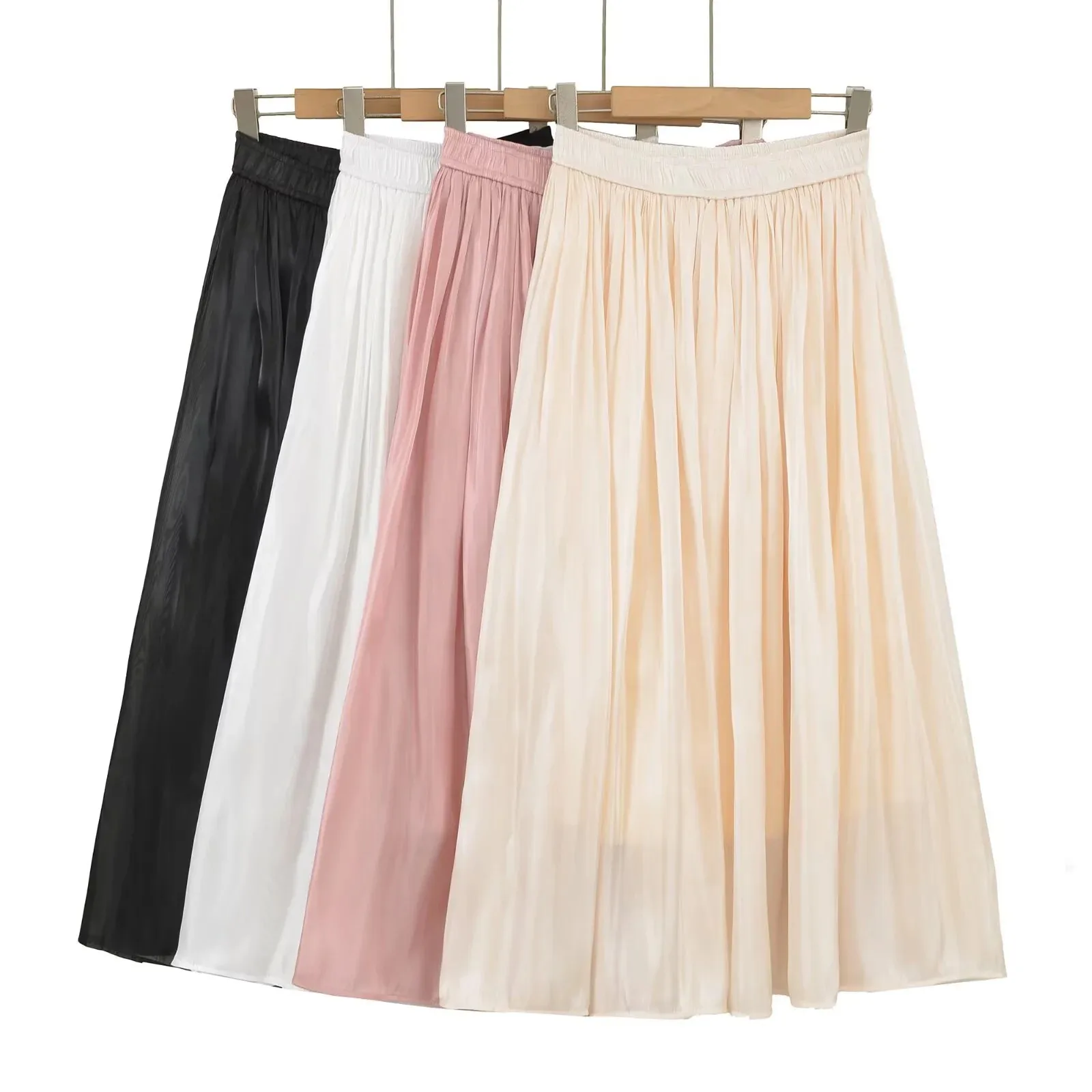 الفرنسية عطلة نمط عالية الخصر مطوي تنورة تنورة طويلة للنساء الخريف جزيرة الساتان لامعة ثنيات تنوعا نصف تنورة 8W3D