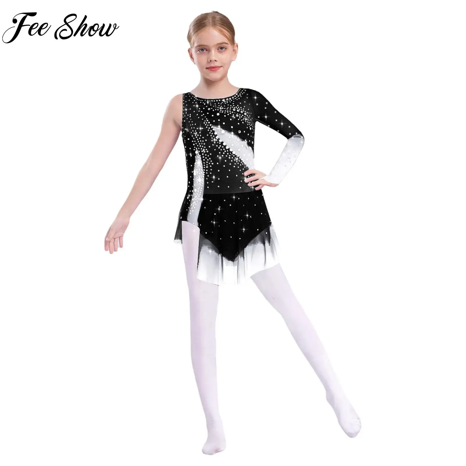 

Kids Girls One Sleeve Figure Skating Dress Sparkly Rhinestones Ballet Gymnastics Leotard Dresses Training Performance Costumes