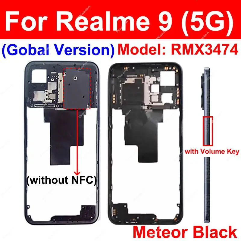 For Realme 9 5G Global RMX3474 Middle Frame Housing Cover Holder Bezel with Side Button with/without NFC Parts