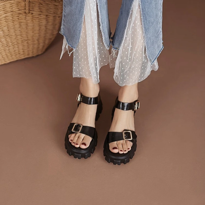 2024 New Summer Women Shoes Concise Thick Heel Leather Sandals Platform Shoes Platform Sandals White Genuine Leather Flats black