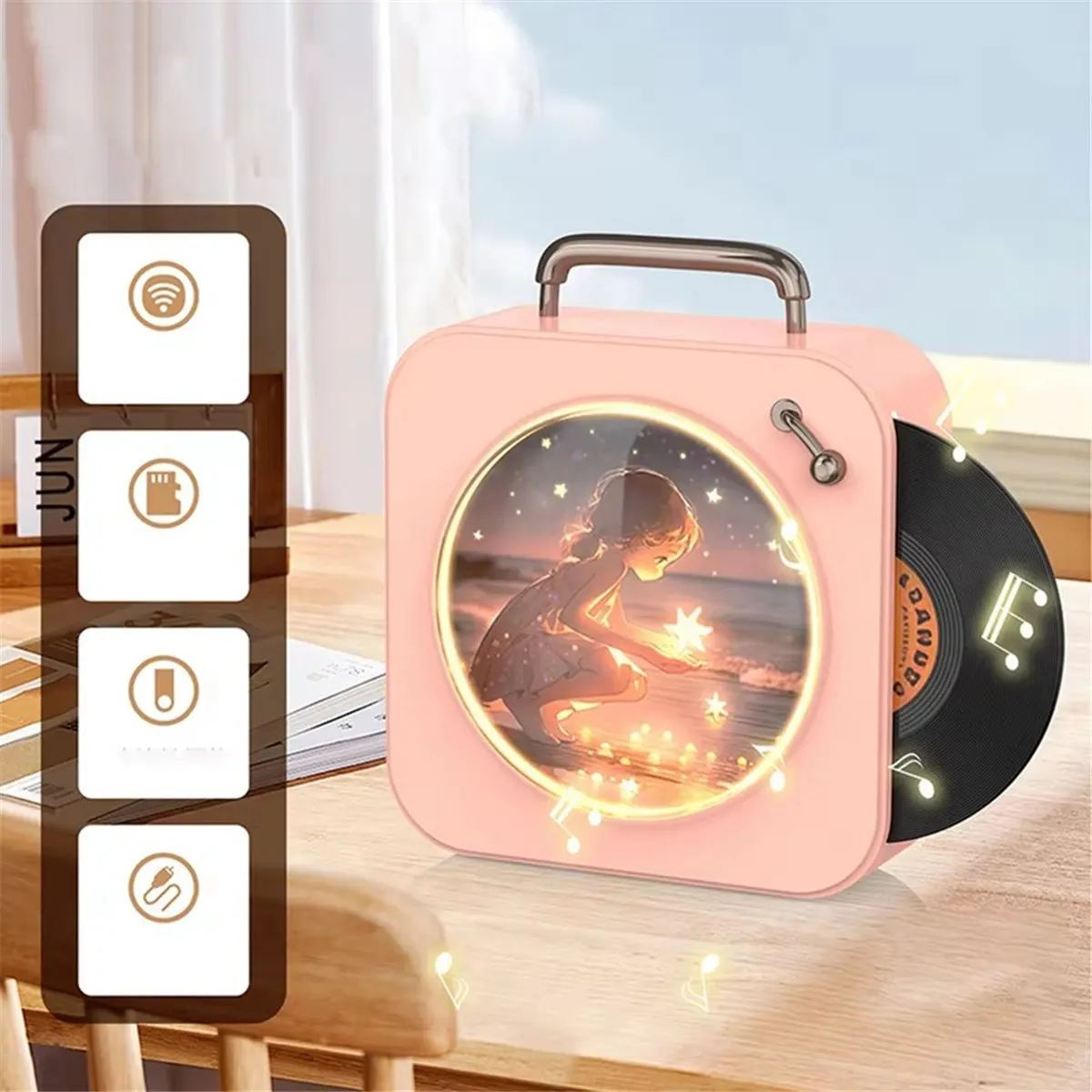 Hot Sale Vintage Bluetooth Player Stereo Sound Stereo Sound Effects Radio Vinyl Record Small Stereo Home CD Player Pink
