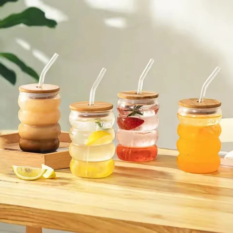 1/2/4PCS Creative Glass Cup with Lid Straw Heat-resistant Wave Cup Beer Juice Ice Coffee Cups Cocktail Fruit Glass Drinkware
