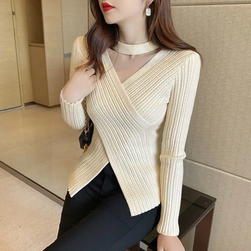 Women Autumn and Winter Korean New V-Neck Pullover Knit Bottom Shirt Irregular Spliced Fitted Sweater Long Sleeve Tops