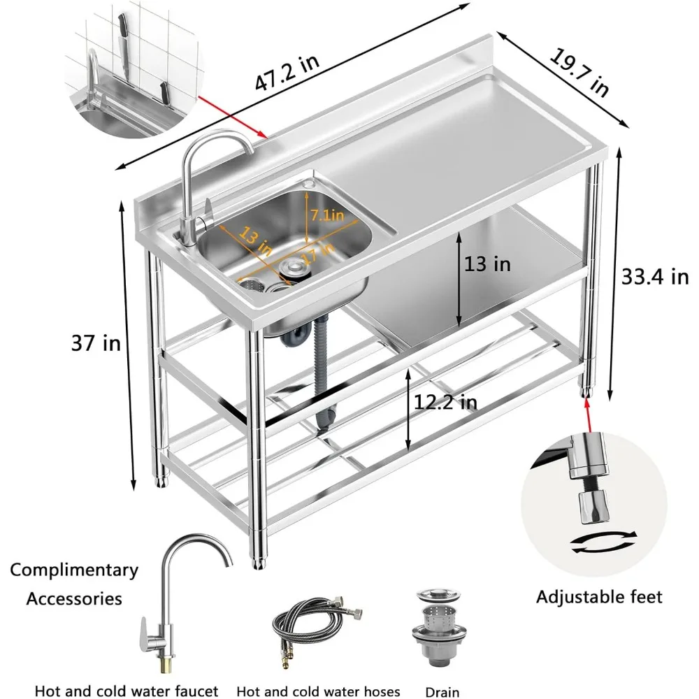 Juego de fregadero de cocina para restaurante comercial, cuenco individual de acero inoxidable independiente, estantes de almacenamiento dobles para interiores y exteriores (47 pulgadas)