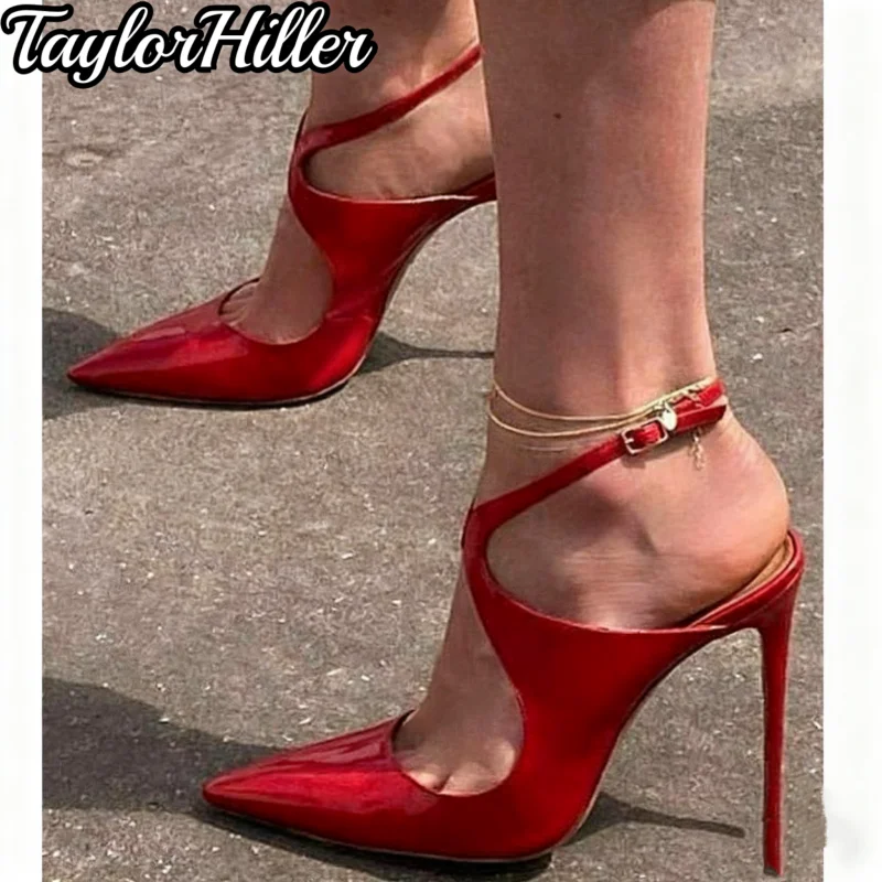 

Red Cut Out High Heels Patent Leather Heeled Sandals Pointed Toe Stiletto Ankle Strap Pumps Elegant Women's Shoes Party Footwear