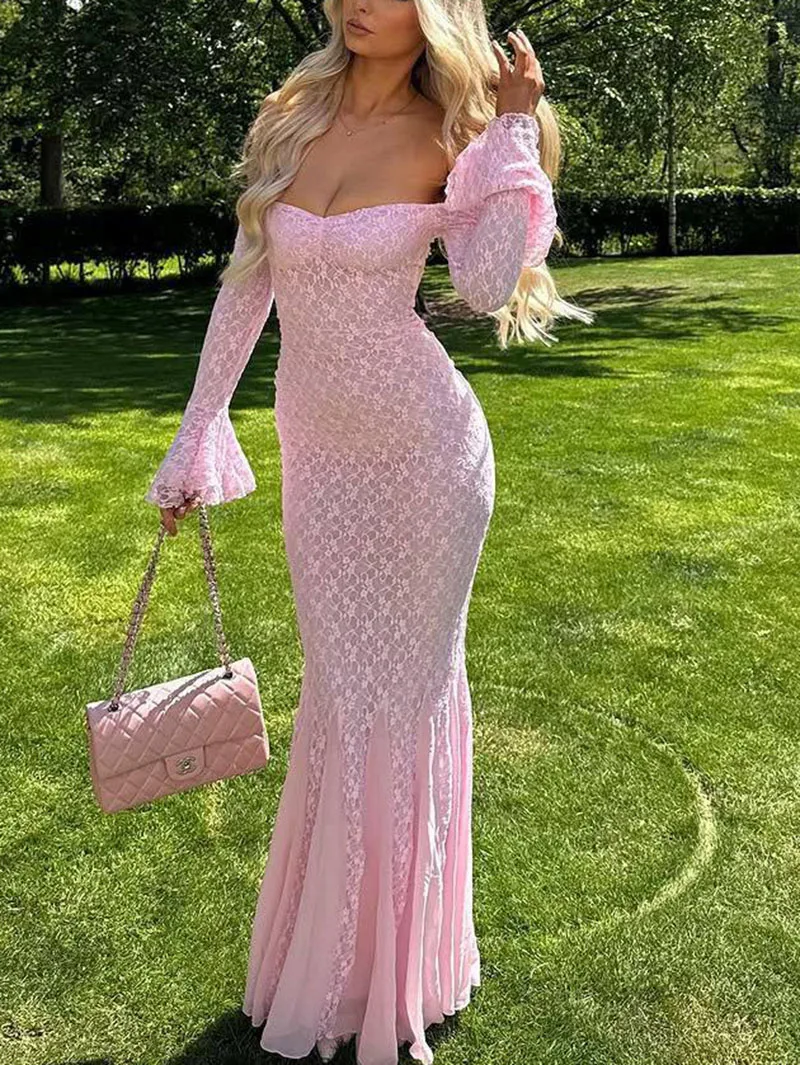

Sexy One Shoulder Long Dresses Women Elegant Jacquard Mesh Lace Solid Party Dress Fashion Bodycon Flared Sleeve Gown Dress