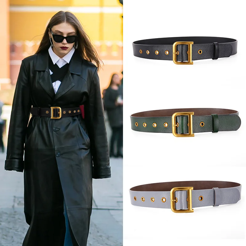 Ladies Belt Leather Cowhide with Coat 3.7CM Wide Girdle Outer Dress Belt Female D-shaped Alloy Buckle Fashion Designer Belt