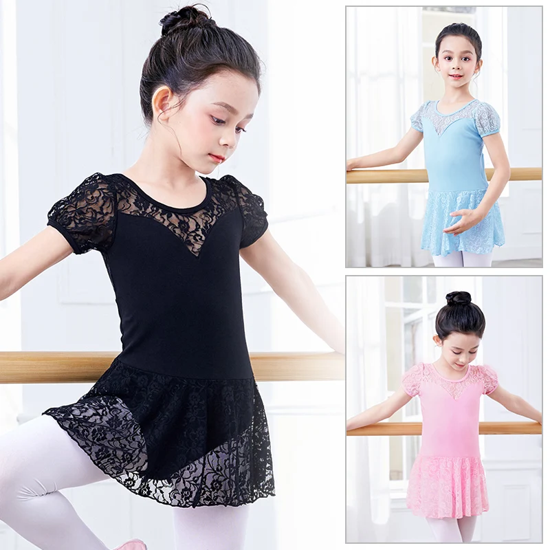 Girls Ballet Dress Lace Splice Puffy Short Sleeve Dance Leotard Dress Cotton Dance Dress with Lace Skirt Ballerina Dancewear