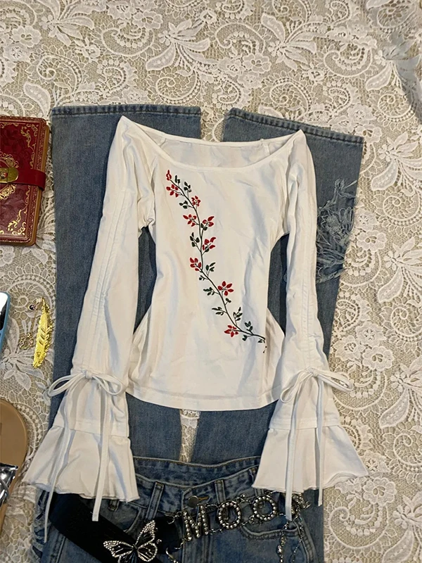 オリジナルホワイトラウンドネックドローストリングタイ長袖 Tシャツ女性のヴィンテージカジュアルファッショントップコットンブレンド夏服