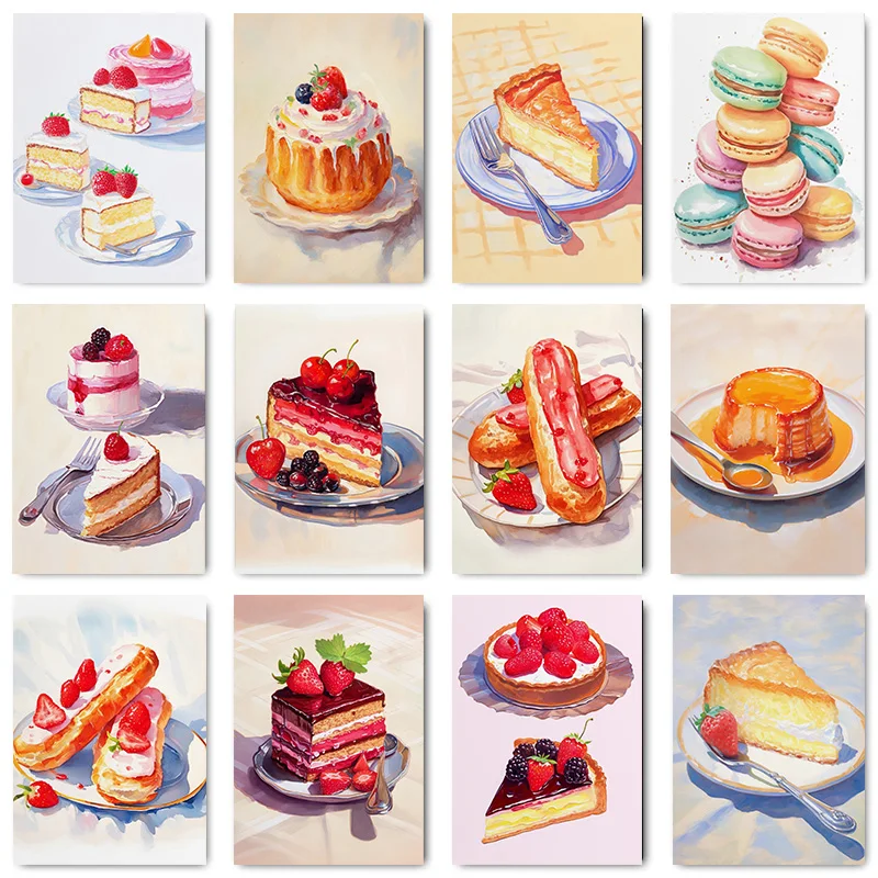 Watercolor French Pastries Berry Strawberry Cake Cream Puff Poster Wall Art Pictures Canvas  Room kitchen Home Decor