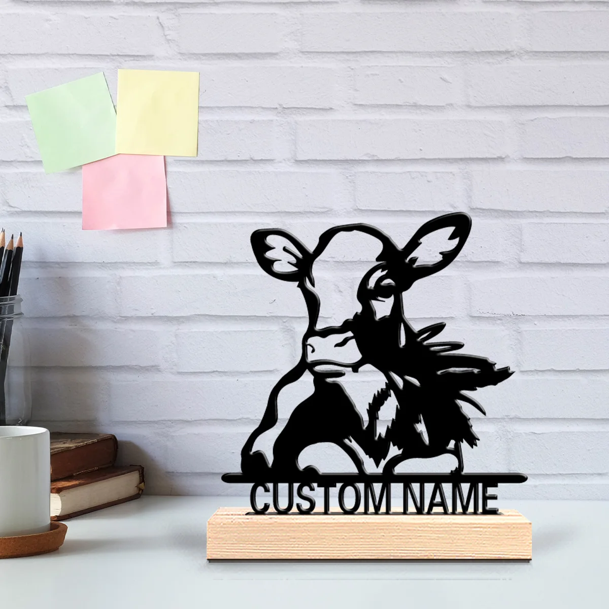 1pc Creative cow Custom Name Metal Statue Iron Ornament Art Figurine With Wood Base Metal OrnamentFor Home Decor