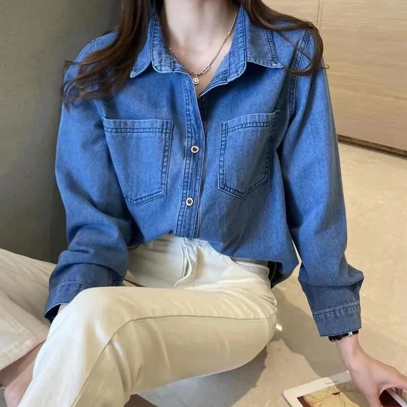 Retro Denim Shirt Autumn Long Sleeved Korean Version Long Sleeved Blouse with Two Pockets Casual Single Breasted Shirt 31151