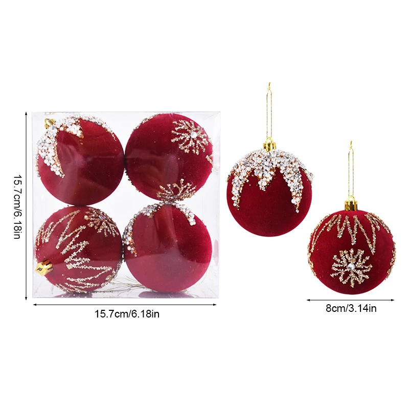 4Pcs/box 8cm Wine Red Christmas Ball Ornaments Glitter Sequin Velvet Christmas Tree Hanging Balls Xmas New Year Party Decoration