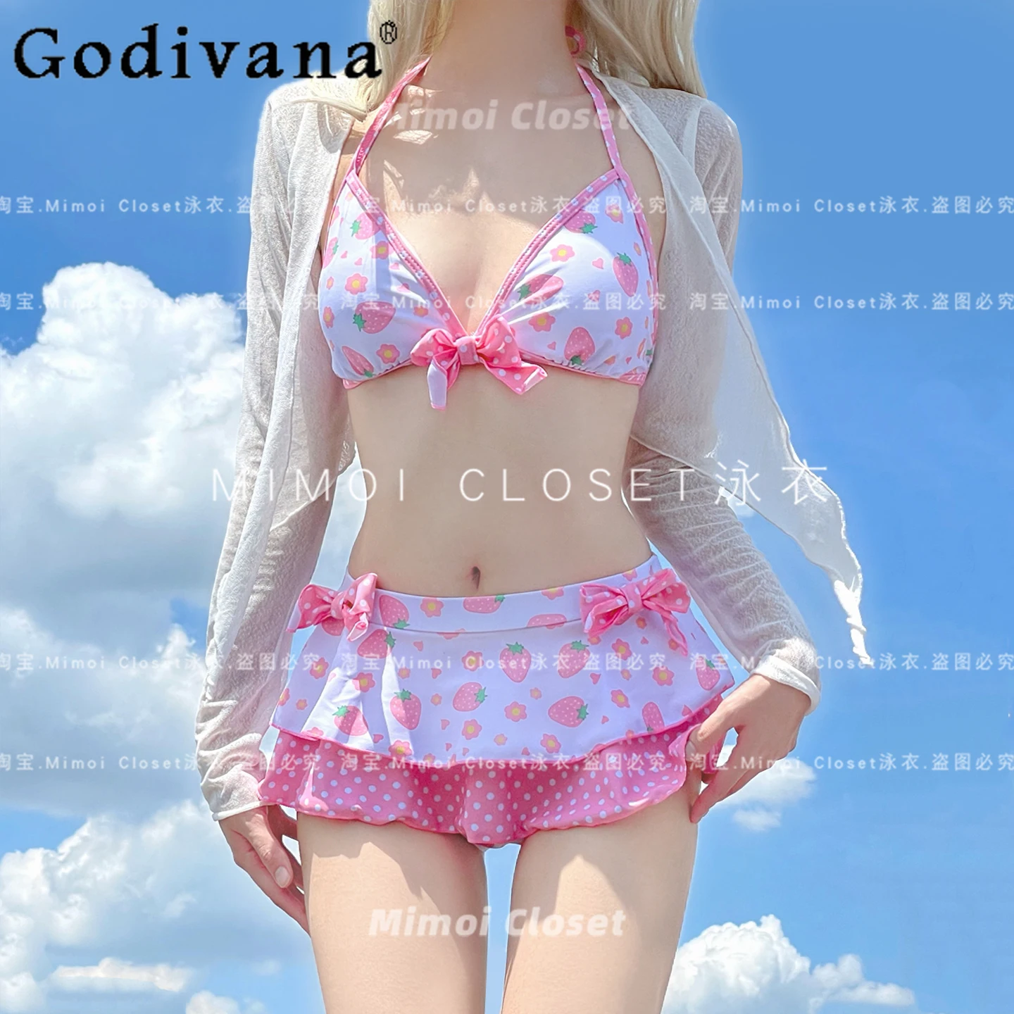 

Sweet Strawberry Print Y2K Split Swimsuit Summer 2025 Japanese New Sweet Girls Cute Lolita Swimwear Bikini Woman Bathing Suit