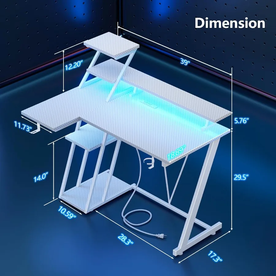 مكتب ألعاب أبيض مقاس 39 بوصة مع أضواء LED ومخرج طاقة مدمج ومكتب كمبيوتر على شكل حرف L مع أرفف تخزين وشاشة #2