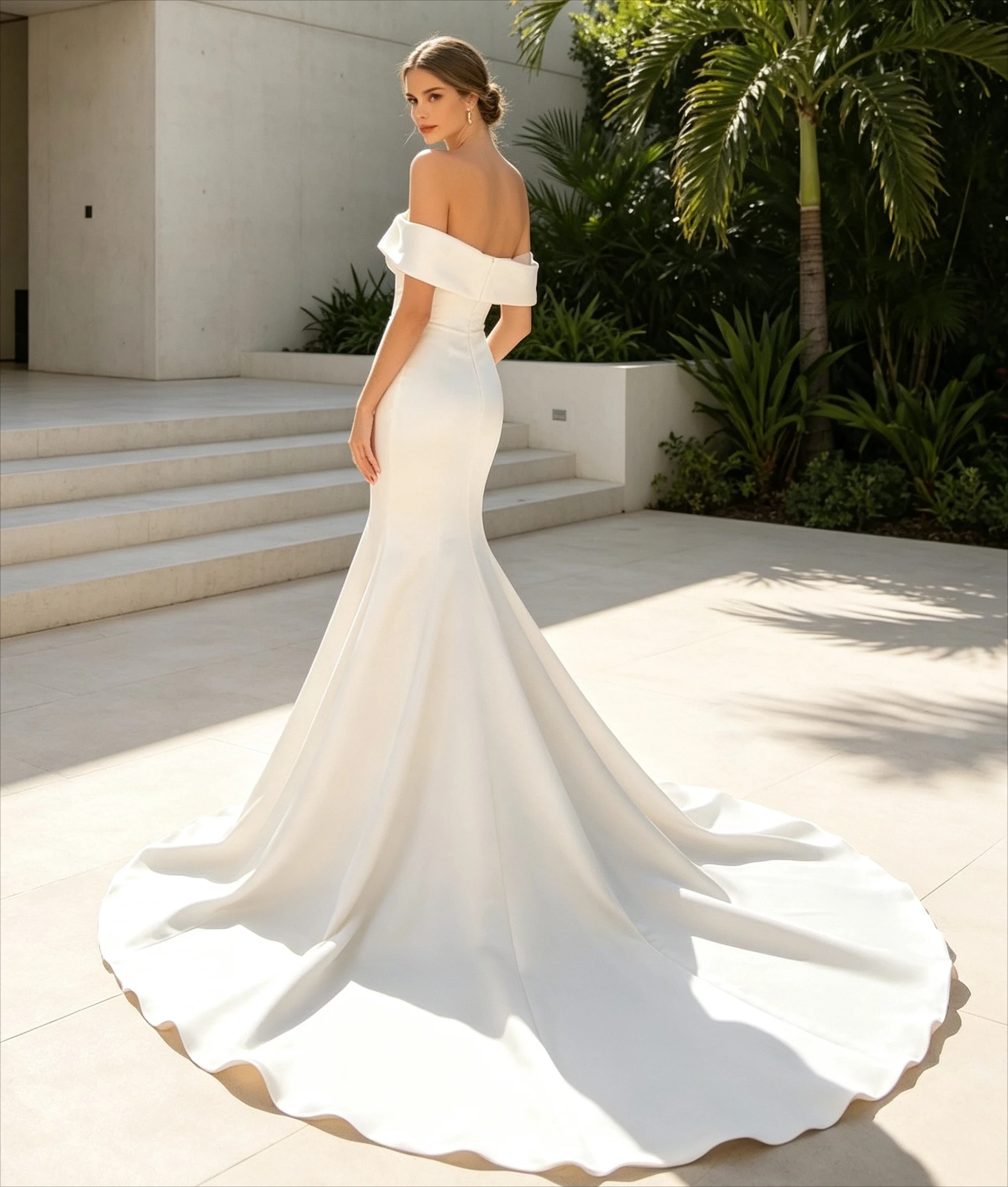 Custom Handmade Ivory Lustrous Satin Bardot Neckline Fishtail Gown Vertical Seam Button Back Chapel Train Formal Bridal Wear