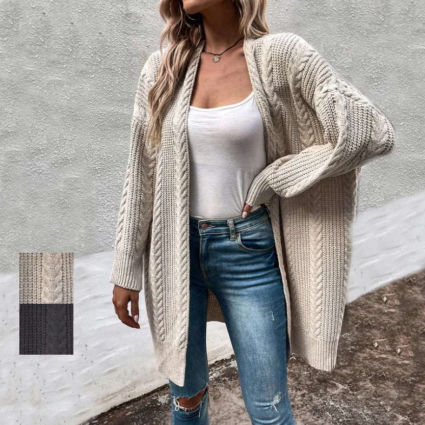 

New Spring Autumn Mid Length Coat Fried Dough Twists Pattern Sweater Cardigan Coat Loose Casual Street Style Women's Clothing