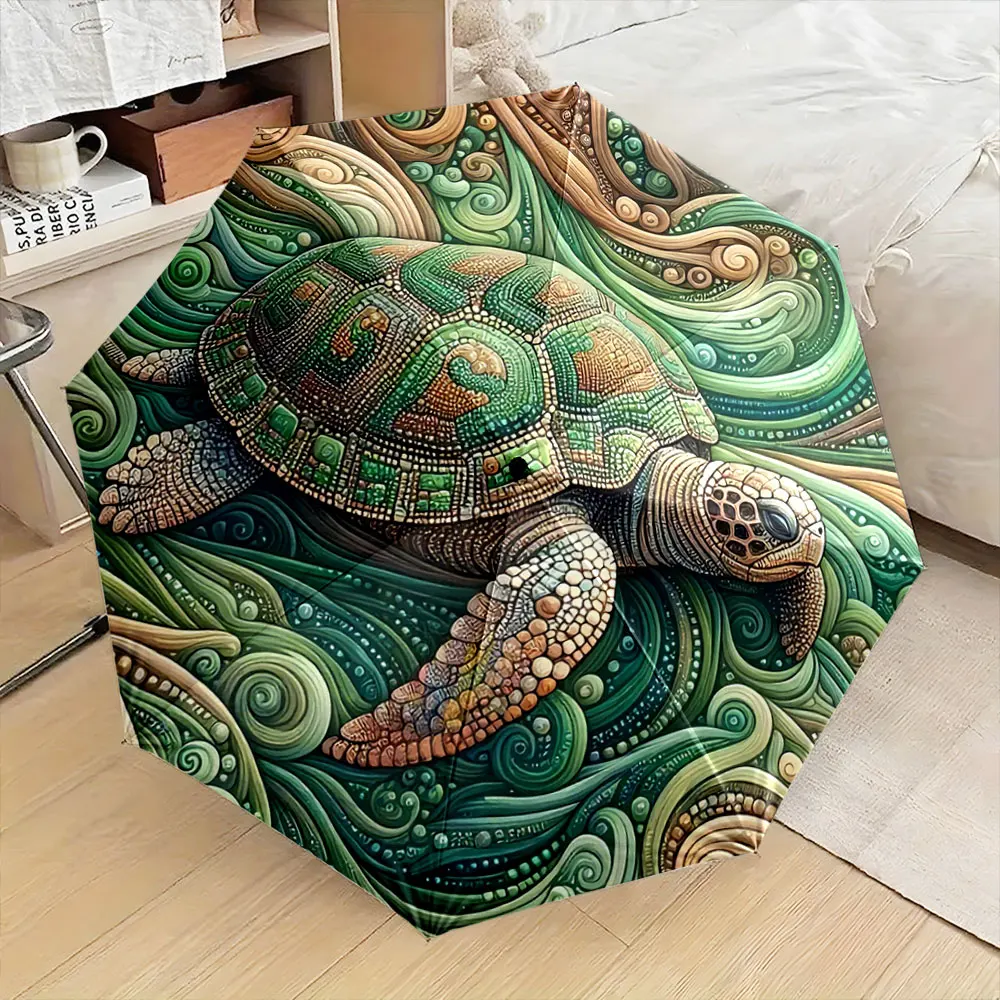 Colorful Turtle Art on Swirl Patterned Green Background portable waterproof sun rain umbrella for outdoor travel beach