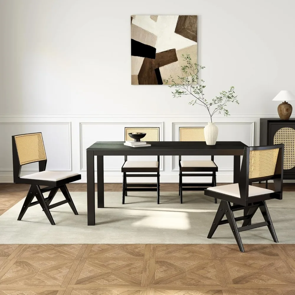 Set di 4 sedie da pranzo moderne in rattan della metà del secolo, sedie da cucina imbottite con schienale in canna intrecciata per sala da pranzo