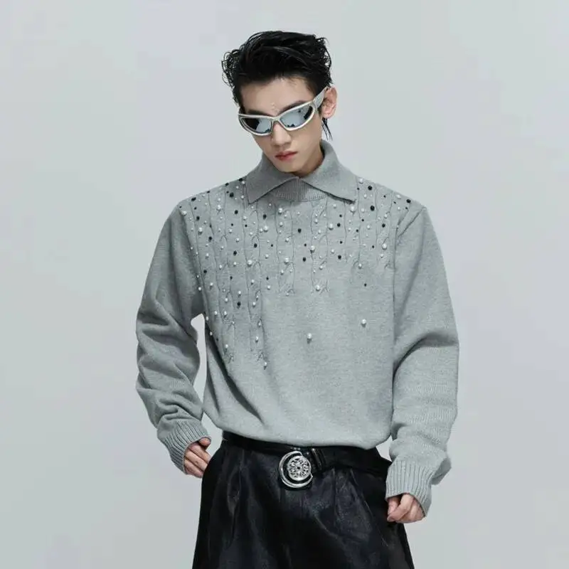 

WVGA весна осень новый мужской прилив жемчуг украшенный модный дизайн свитера с v-образным вырезом нишевая шикарная повседневная куртка с длинными рукавами Ins W12860