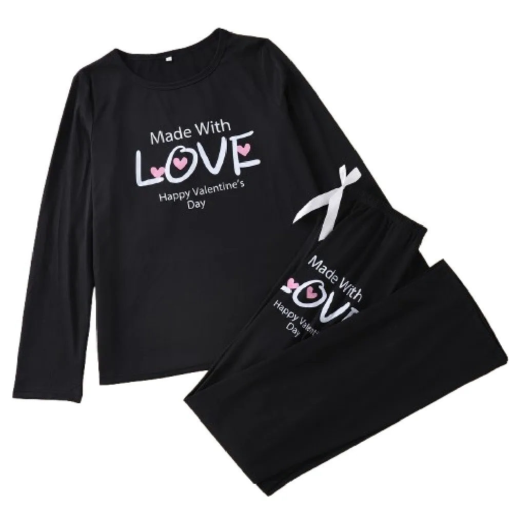 

Black women's pajamas long sleeve 2-piece monogram print round neck long sleeve trousers women's pajamas set