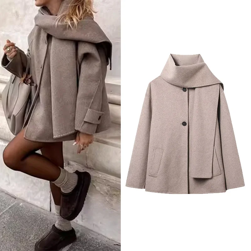 

HipSeam WomenShort Wool Coat with Scarf Autumn O Neck Long Sleeve Lady Button Pocket Warm Coats Chic Female Tops