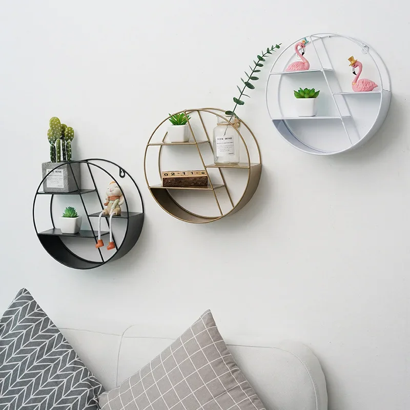 

Nordic Simple Creative Home INS Iron Circular Polygon Wall Storage Decoration Wall Hanging Shelf Bedroom Living Room Wall Shelf