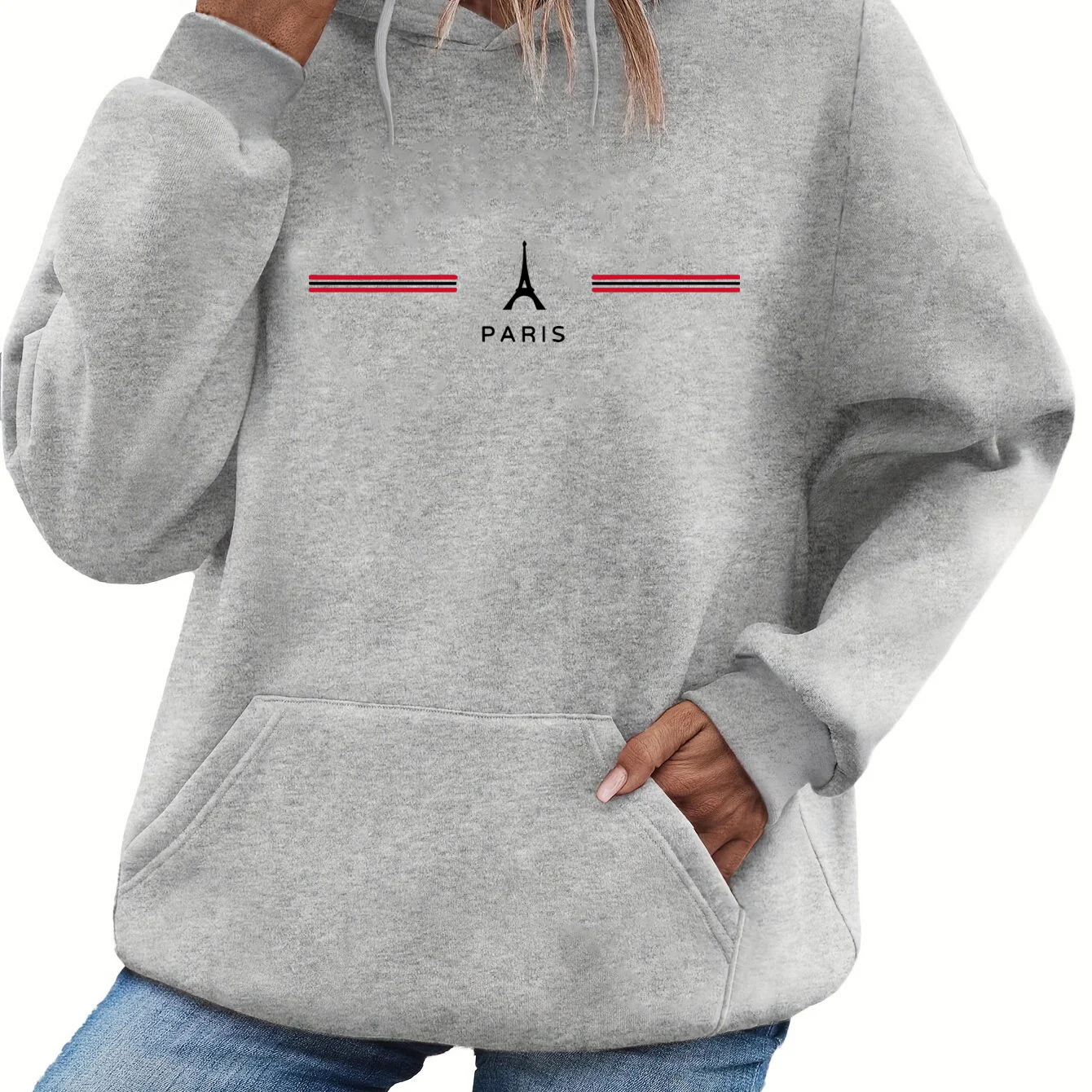 Women's hotsale autumn and winter warm and loose casual Paris pattern printed suede long sleeved hooded casual sweatshirt tops