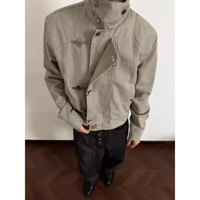 American Stand Collar Airplane Buckle Workwear Jackets for Men Autumn New Retro Casual Men's Streetwear Zipper Jacket Short Coat