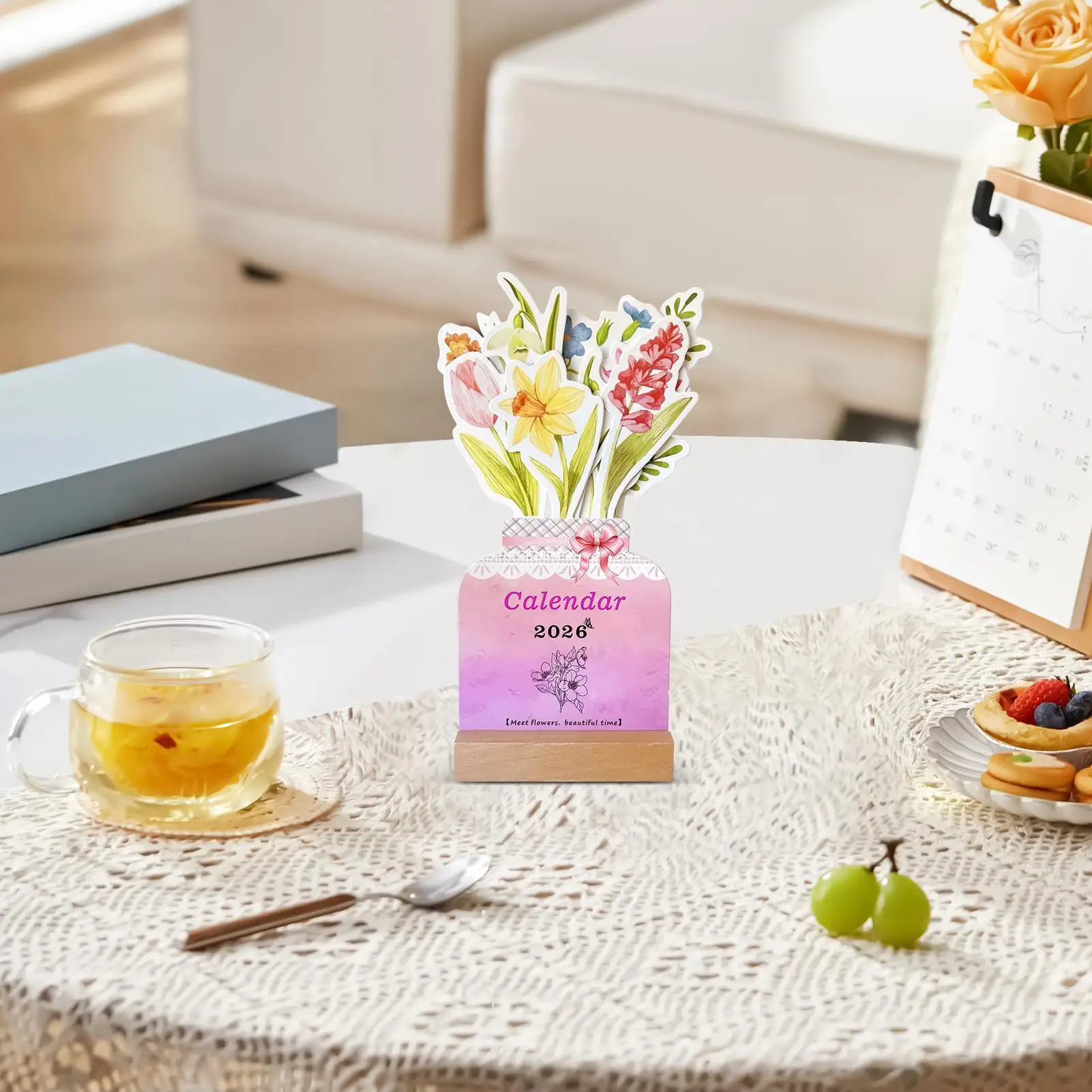 

Настольный календарь с цветочным цветком, календарь с деревянной рамкой, креативный мини-календарь, декоративные украшения, принадлежности для блокнотов 2026