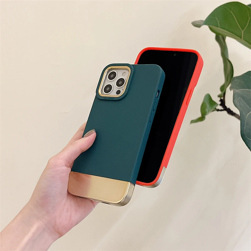 Luxury Plating Metal Dual Contrast Color Soft Case For iPhone 13 12 11 Pro Xs Max X XR Liquid Silicone Shockproof Back Cover