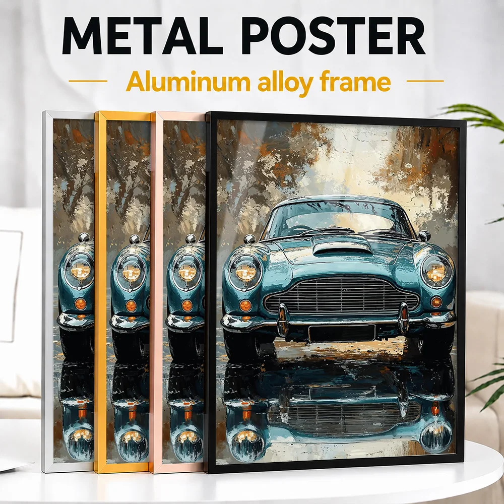 Classic Car Reflection Framed Metal Poster Personalized Photo Warm Heritage Style Wall Art For Home Office Ideal Birthday Gift