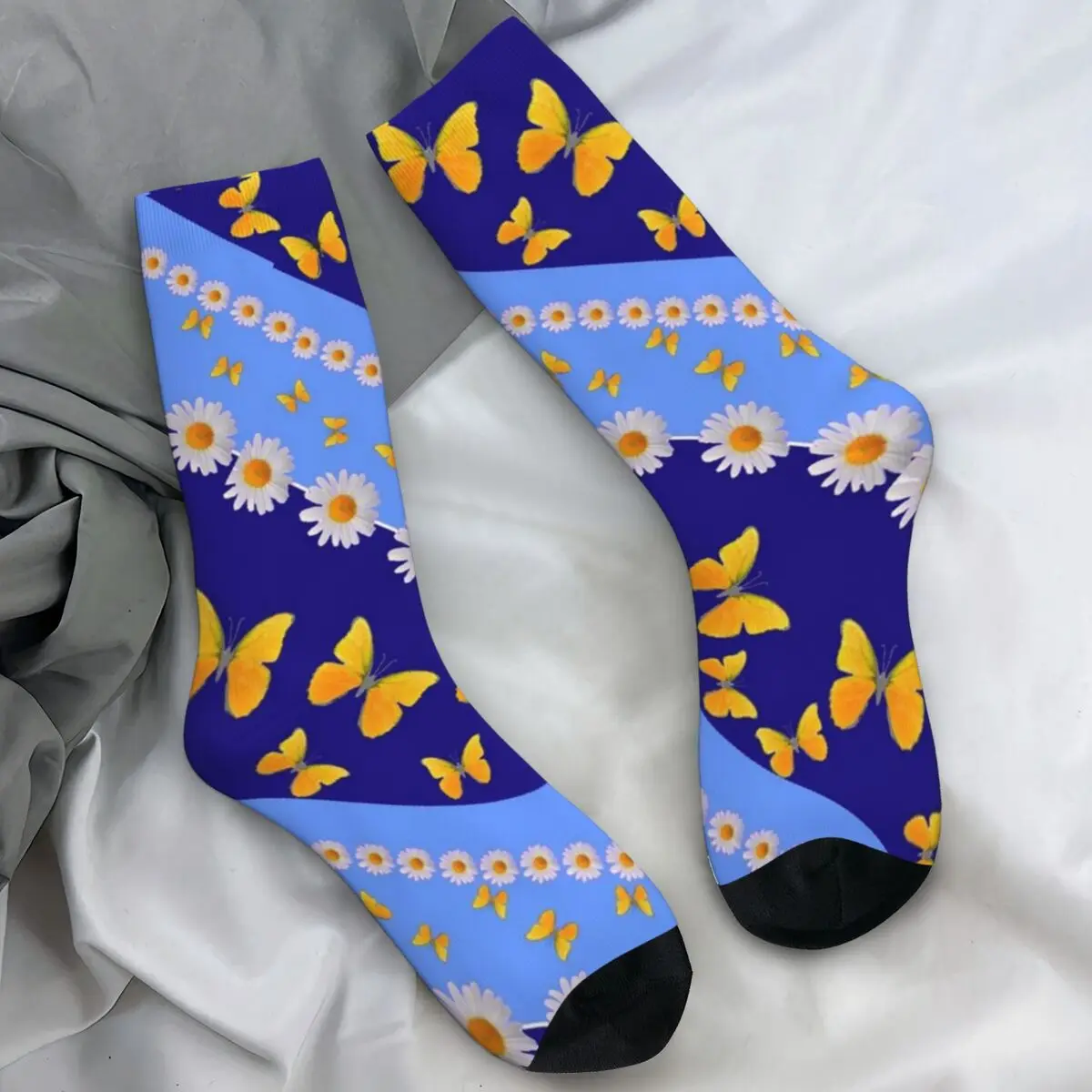 

White Daisies Print Socks Diagonal Stripes Korean Stockings Men's Warm Soft Outdoor Sports Socks Spring Design Non Slip Socks