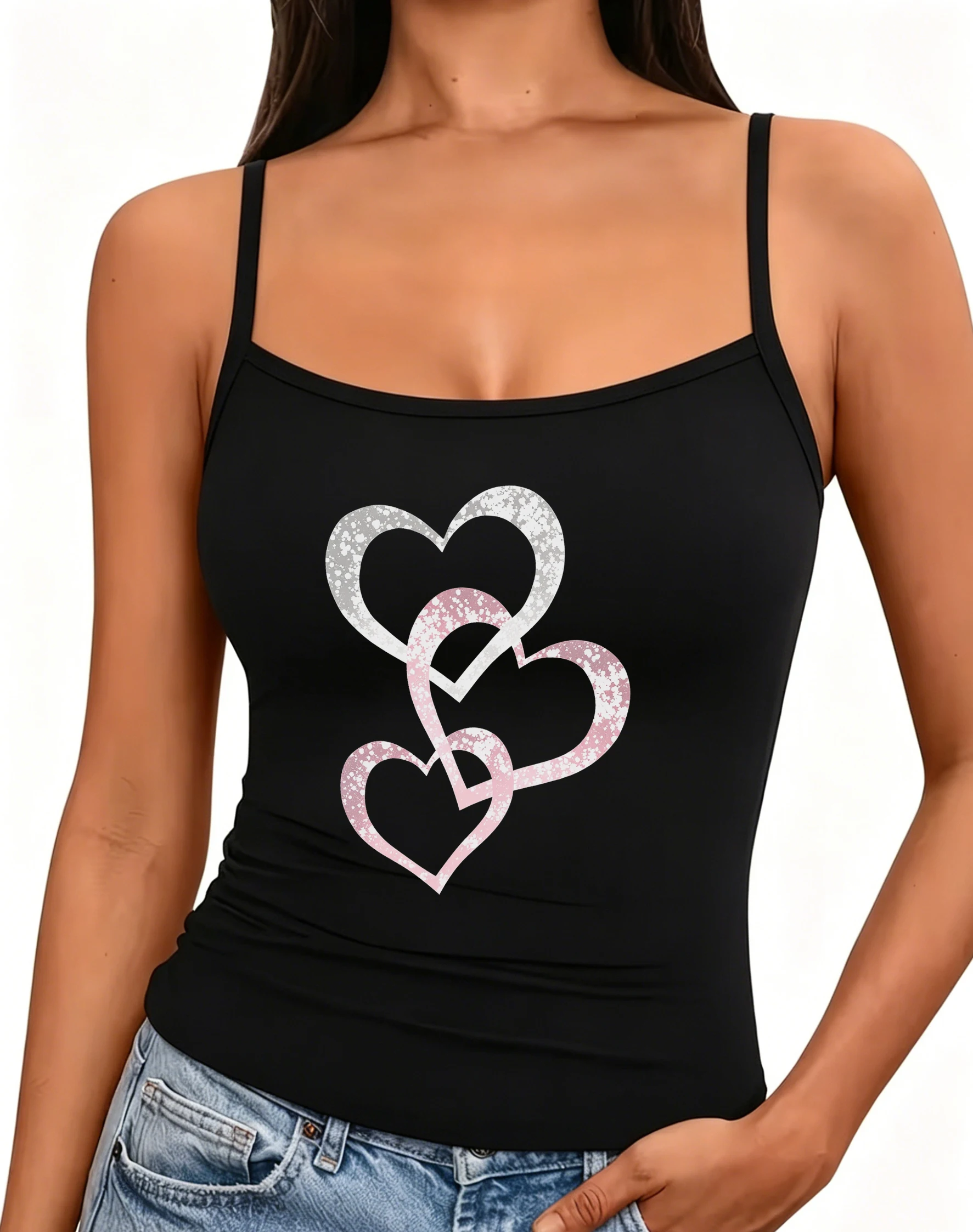 Glitter Hearts Camisole Sparkling Graphic Crop Top Women Summer Sleeveless Spaghetti Strap Tank Tops Casual Vest Streetwear