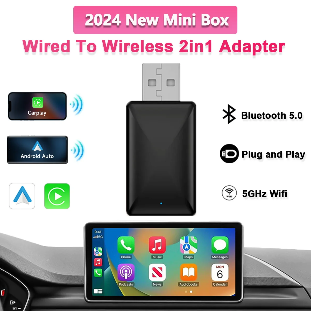 2024 New Wireless Carplay Android Auto 2in1 Wireless Adapter Smart Dongle  5G Wifi&Bluetooth Auto Connect Plug&Play OTA Upgrade